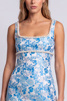 Laden Sie das Bild in den Galerie-Viewer, Hellblaues Blumen Perlen Quadratiger Ausschnitt Bodycon Kurzes Abendkleid mit Schlitz