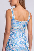 Laden Sie das Bild in den Galerie-Viewer, Hellblaues Blumen Perlen Quadratiger Ausschnitt Bodycon Kurzes Abendkleid mit Schlitz