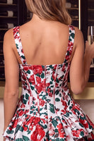 Laden Sie das Bild in den Galerie-Viewer, Rotes Blumigestiges Rüschendes A-Linie Korsett Kurzes Abendkleid mit quadratischem Hals