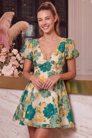 Laden Sie das Bild in den Galerie-Viewer, Florales Rosa A-Linie V-Ausschnitt Bedrucktes Kurzes Abendkleid mit kurzen Ärmeln