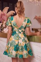 Laden Sie das Bild in den Galerie-Viewer, Florales Rosa A-Linie V-Ausschnitt Bedrucktes Kurzes Abendkleid mit kurzen Ärmeln