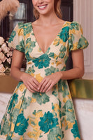 Laden Sie das Bild in den Galerie-Viewer, Florales Rosa A-Linie V-Ausschnitt Bedrucktes Kurzes Abendkleid mit kurzen Ärmeln