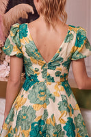 Laden Sie das Bild in den Galerie-Viewer, Florales Rosa A-Linie V-Ausschnitt Bedrucktes Kurzes Abendkleid mit kurzen Ärmeln