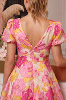 Laden Sie das Bild in den Galerie-Viewer, Florales Rosa A-Linie V-Ausschnitt Bedrucktes Kurzes Abendkleid mit kurzen Ärmeln