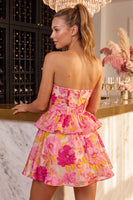 Laden Sie das Bild in den Galerie-Viewer, Grünes Florales Trägerloses A-Linie Kurzes Abendkleid mit Rüschen