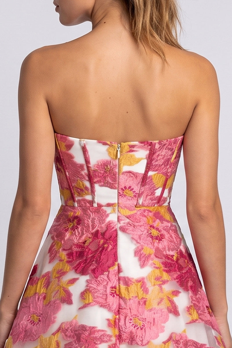 Laden Sie das Bild in den Galerie-Viewer, Rosa Geblümtes Korsett A-Linie Trägerloses Kurzes Abendkleid mit Schlitz