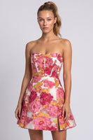 Laden Sie das Bild in den Galerie-Viewer, Rosa Geblümtes Korsett A-Linie Trägerloses Kurzes Abendkleid mit Schlitz