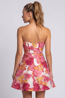 Laden Sie das Bild in den Galerie-Viewer, Rosa Geblümtes Korsett A-Linie Trägerloses Kurzes Abendkleid mit Schlitz