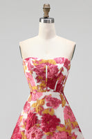 Laden Sie das Bild in den Galerie-Viewer, Rosa Geblümtes Korsett A-Linie Trägerloses Kurzes Abendkleid mit Schlitz