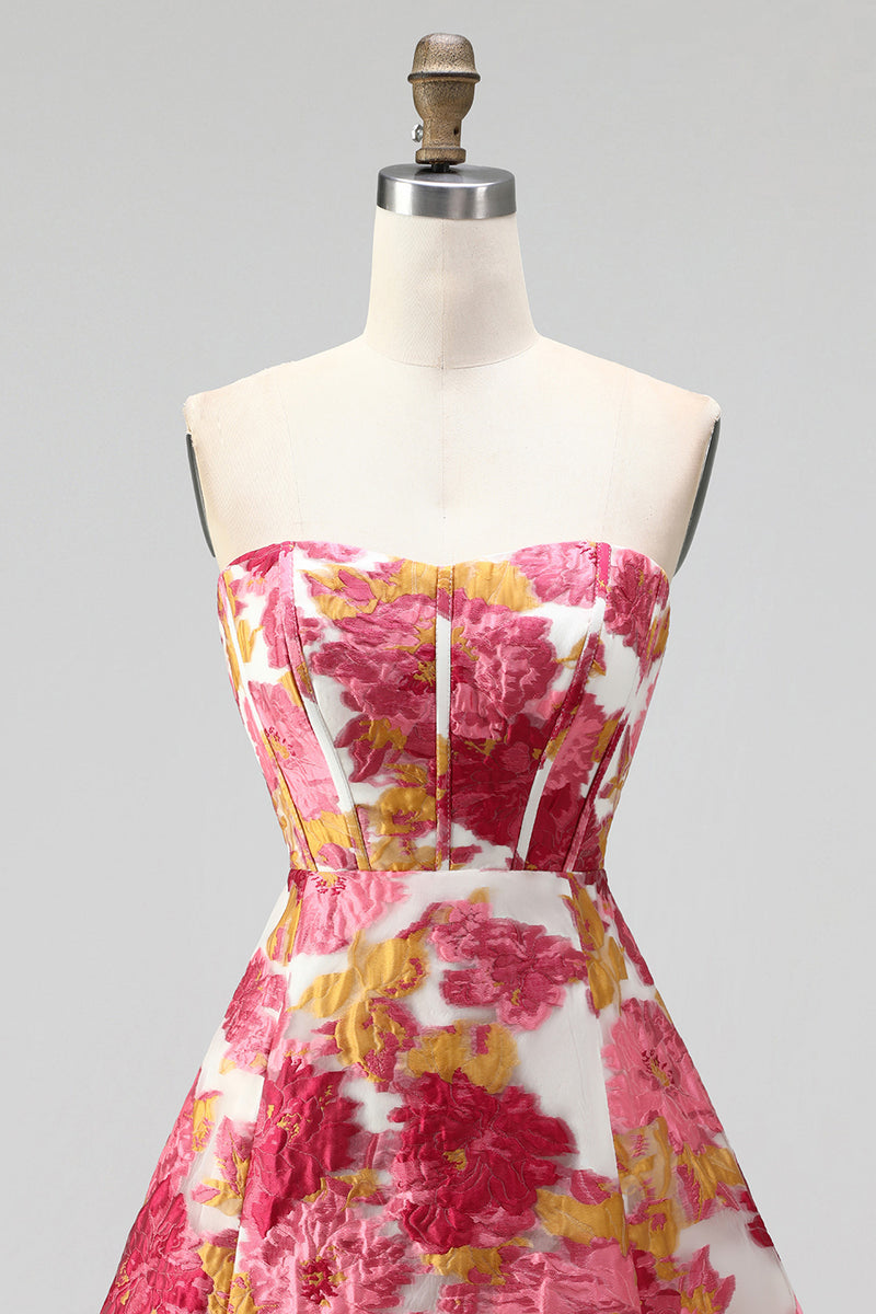Laden Sie das Bild in den Galerie-Viewer, Rosa Geblümtes Korsett A-Linie Trägerloses Kurzes Abendkleid mit Schlitz