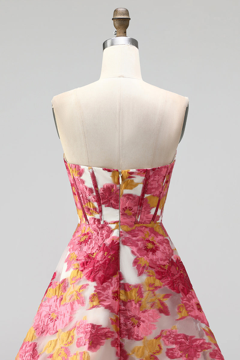 Laden Sie das Bild in den Galerie-Viewer, Rosa Geblümtes Korsett A-Linie Trägerloses Kurzes Abendkleid mit Schlitz