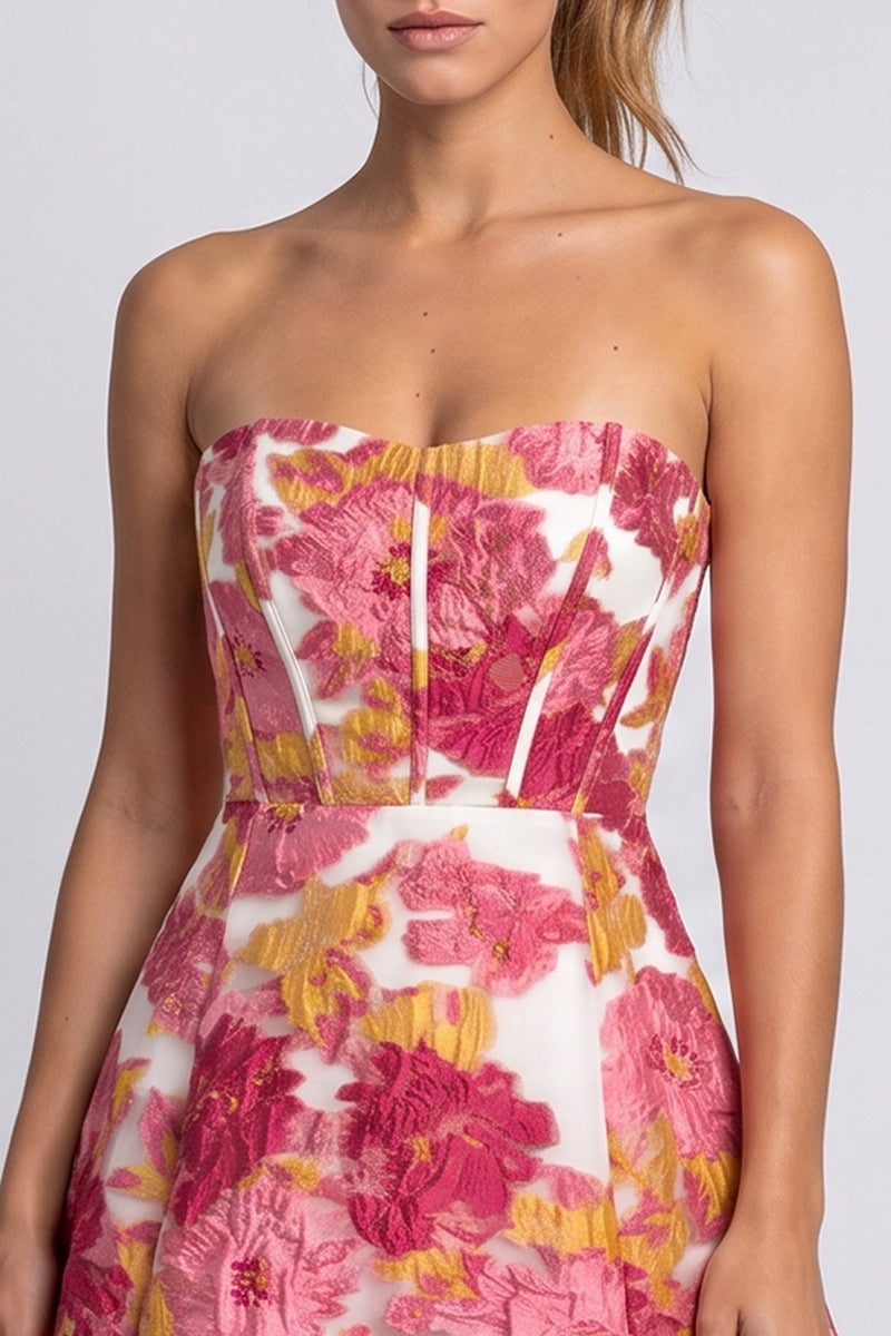 Laden Sie das Bild in den Galerie-Viewer, Rosa Geblümtes Korsett A-Linie Trägerloses Kurzes Abendkleid mit Schlitz
