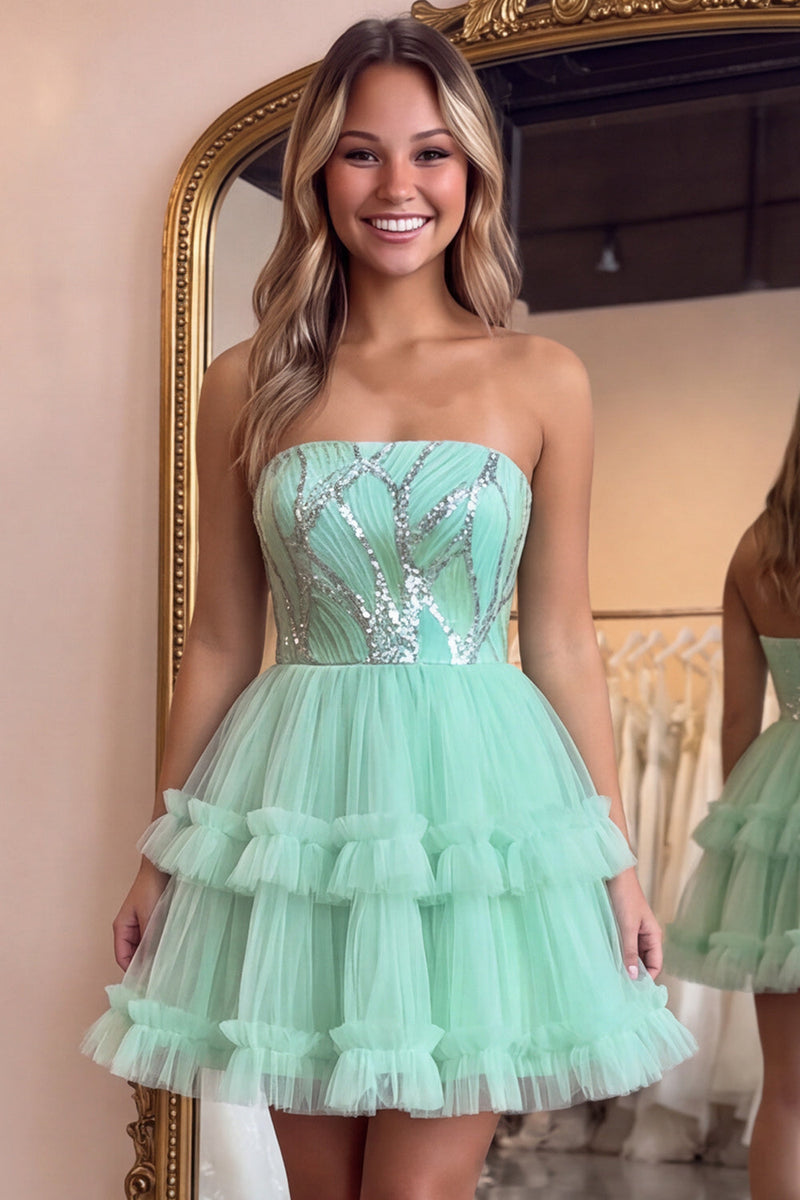 Laden Sie das Bild in den Galerie-Viewer, Mintgrünes Gestuftes Rüschen Tüll Pailletten Trägerloses Kurzes Abendkleid