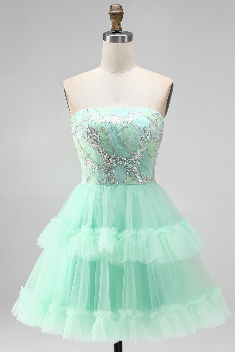 Laden Sie das Bild in den Galerie-Viewer, Mintgrünes Gestuftes Rüschen Tüll Pailletten Trägerloses Kurzes Abendkleid