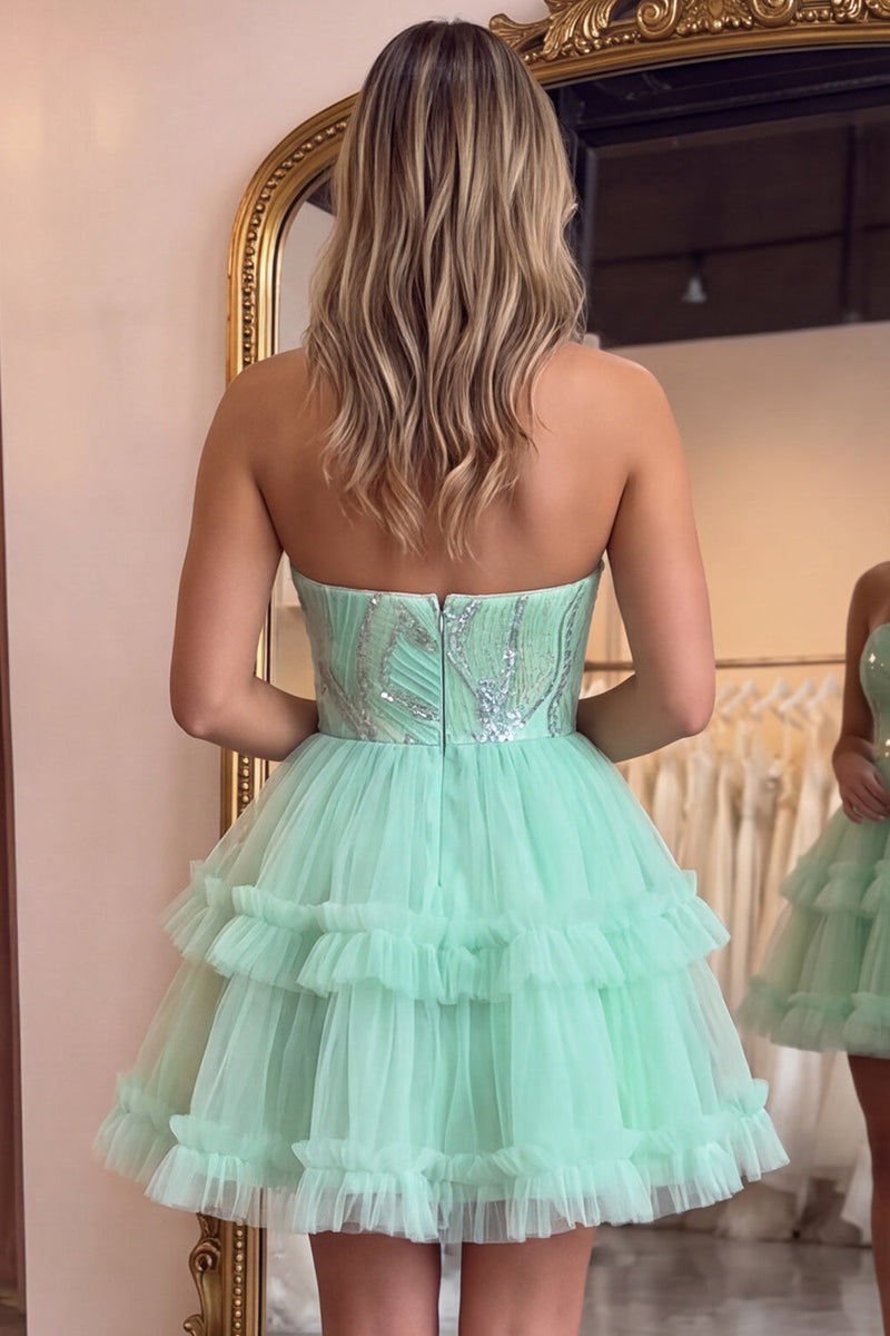 Laden Sie das Bild in den Galerie-Viewer, Mintgrünes Gestuftes Rüschen Tüll Pailletten Trägerloses Kurzes Abendkleid