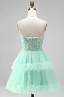 Laden Sie das Bild in den Galerie-Viewer, Mintgrünes Gestuftes Rüschen Tüll Pailletten Trägerloses Kurzes Abendkleid