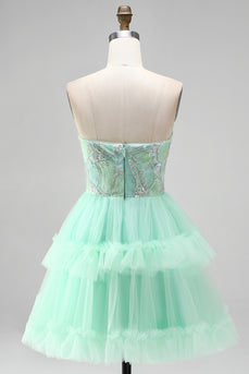 Mintgrünes Gestuftes Rüschen Tüll Pailletten Trägerloses Kurzes Abendkleid