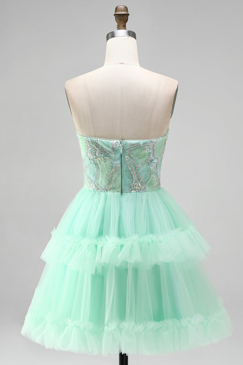Laden Sie das Bild in den Galerie-Viewer, Mintgrünes Gestuftes Rüschen Tüll Pailletten Trägerloses Kurzes Abendkleid
