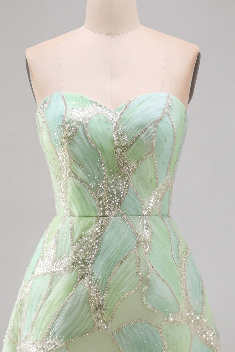 Laden Sie das Bild in den Galerie-Viewer, Mintgrünes Pailletten A-Linie Pailletten Trägerloses Kurzes Abendkleid
