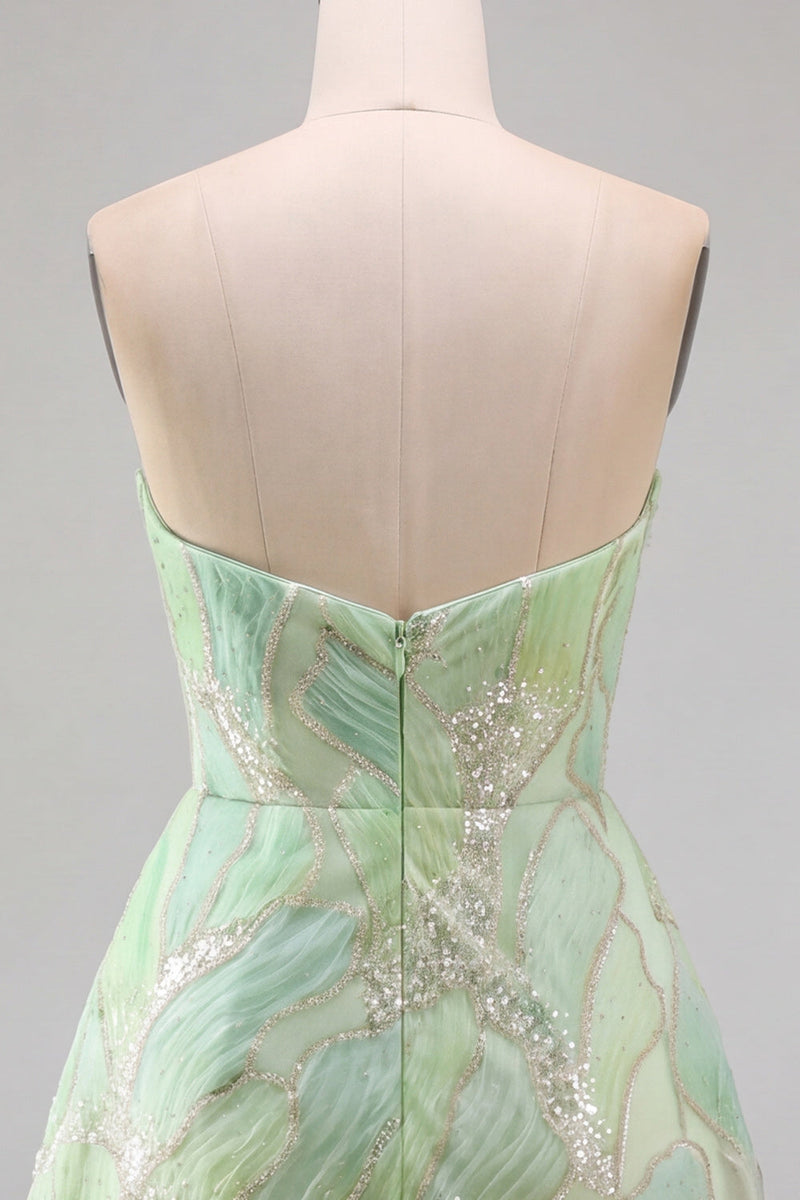 Laden Sie das Bild in den Galerie-Viewer, Mintgrünes Pailletten A-Linie Pailletten Trägerloses Kurzes Abendkleid