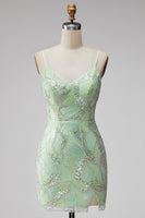 Laden Sie das Bild in den Galerie-Viewer, Mintgrünes Pailletten V-Ausschnitt Bodycon Kurzes Abendkleid mit Schlitz