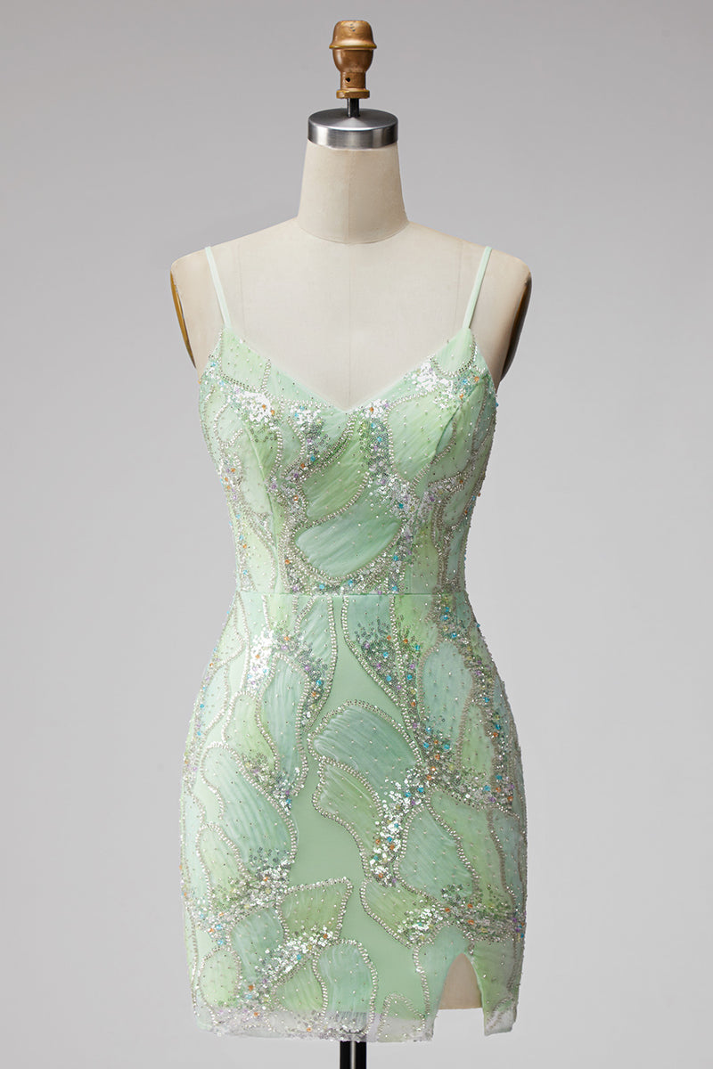 Laden Sie das Bild in den Galerie-Viewer, Mintgrünes Pailletten V-Ausschnitt Bodycon Kurzes Abendkleid mit Schlitz