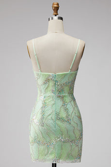 Mintgrünes Pailletten V-Ausschnitt Bodycon Kurzes Abendkleid mit Schlitz