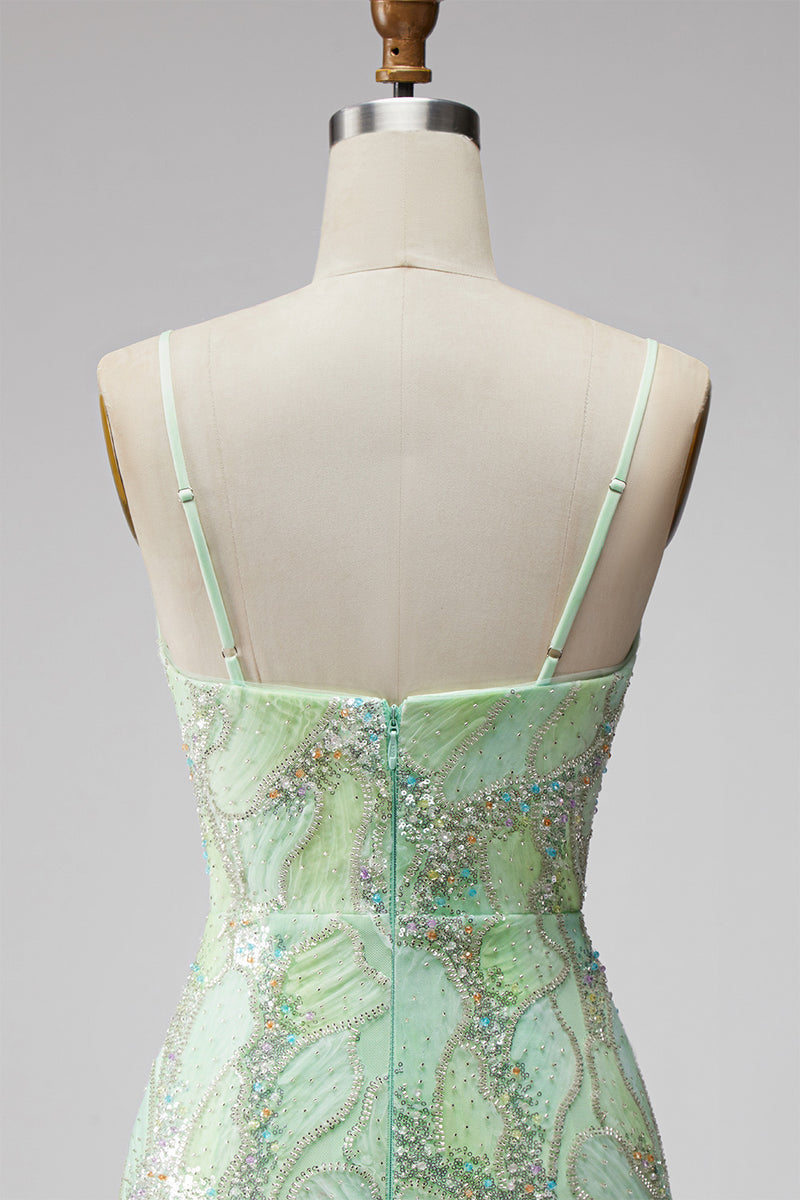 Laden Sie das Bild in den Galerie-Viewer, Mintgrünes Pailletten V-Ausschnitt Bodycon Kurzes Abendkleid mit Schlitz