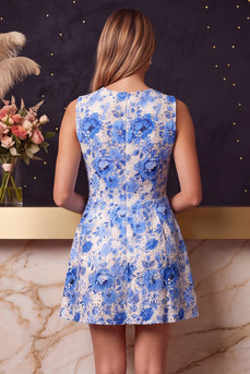 Blaues Rundhals Blumenmuster A-Linie Kurzes Abendkleid