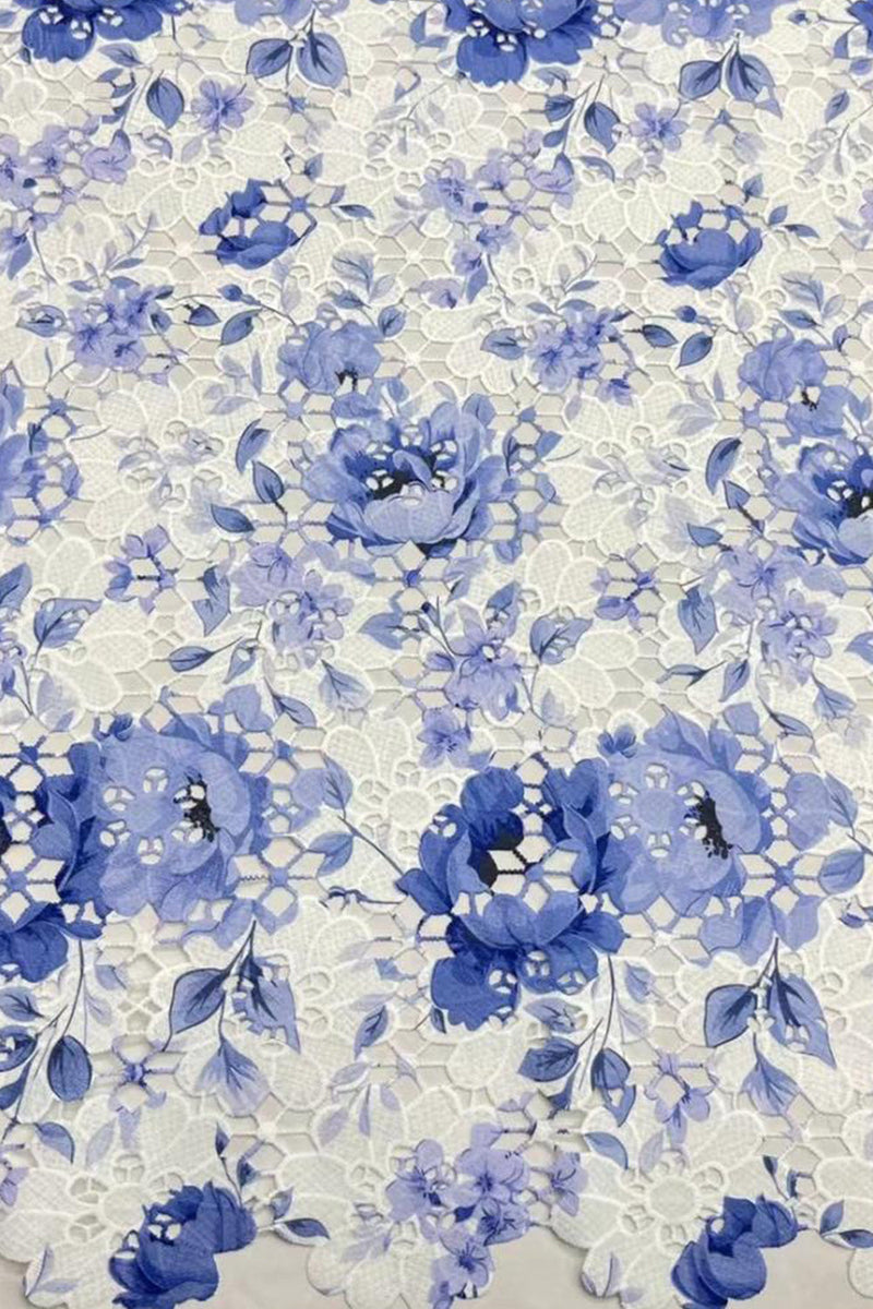 Laden Sie das Bild in den Galerie-Viewer, Blaues Rundhals Blumenmuster A-Linie Kurzes Abendkleid