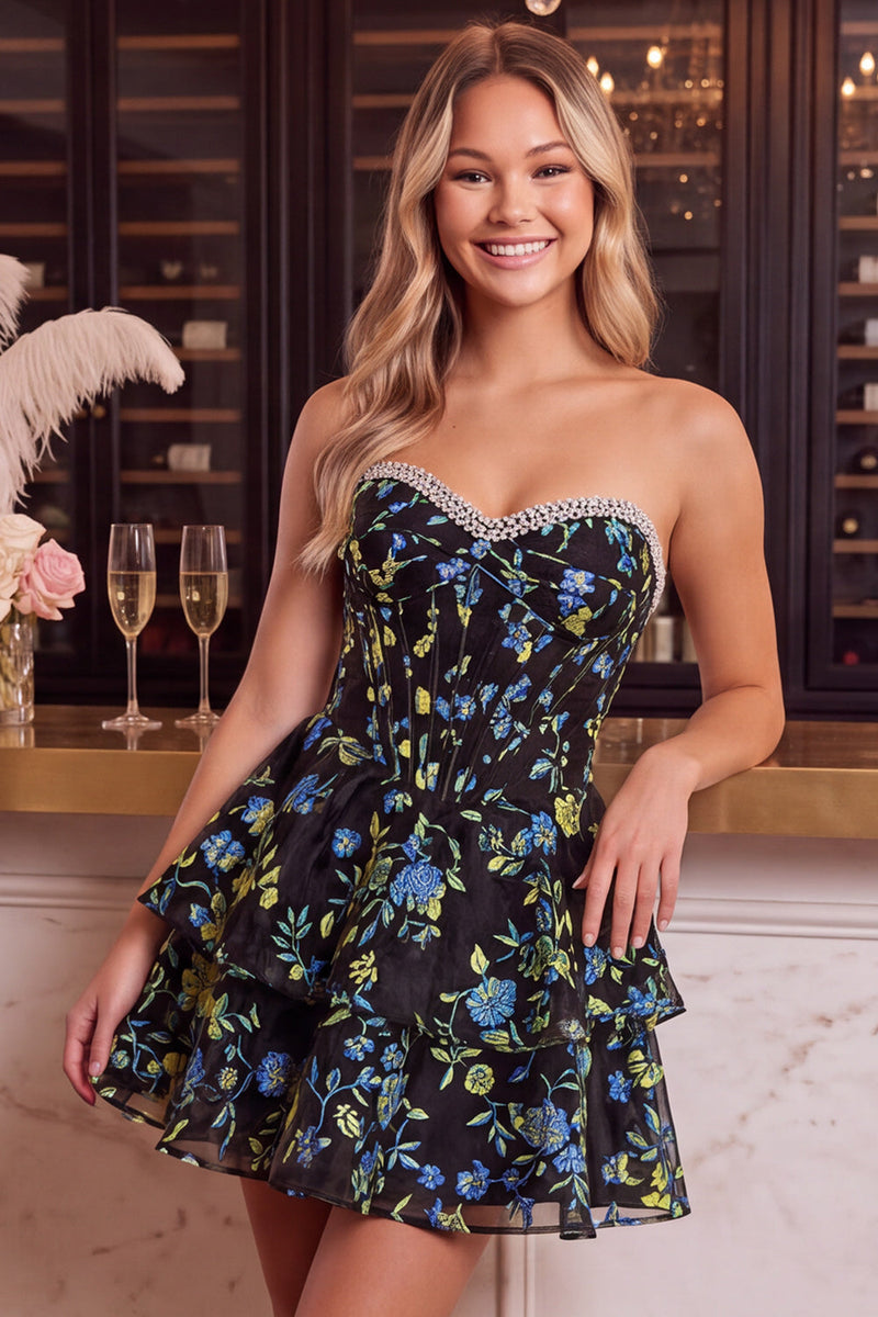 Laden Sie das Bild in den Galerie-Viewer, Blau Blumiges Korsett A-Linie Strass Gestuftes Kurzes Abendkleid mit Rüschen