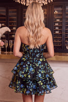 Laden Sie das Bild in den Galerie-Viewer, Blau Blumiges Korsett A-Linie Strass Gestuftes Kurzes Abendkleid mit Rüschen