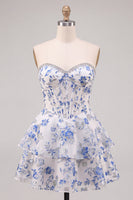 Laden Sie das Bild in den Galerie-Viewer, Blau Blumiges Korsett A-Linie Strass Gestuftes Kurzes Abendkleid mit Rüschen