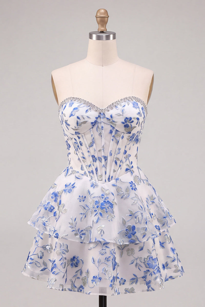 Laden Sie das Bild in den Galerie-Viewer, Blau Blumiges Korsett A-Linie Strass Gestuftes Kurzes Abendkleid mit Rüschen