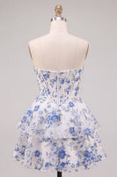 Laden Sie das Bild in den Galerie-Viewer, Blau Blumiges Korsett A-Linie Strass Gestuftes Kurzes Abendkleid mit Rüschen