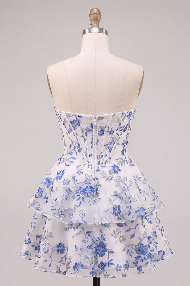 Laden Sie das Bild in den Galerie-Viewer, Blau Blumiges Korsett A-Linie Strass Gestuftes Kurzes Abendkleid mit Rüschen