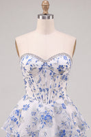 Laden Sie das Bild in den Galerie-Viewer, Blau Blumiges Korsett A-Linie Strass Gestuftes Kurzes Abendkleid mit Rüschen