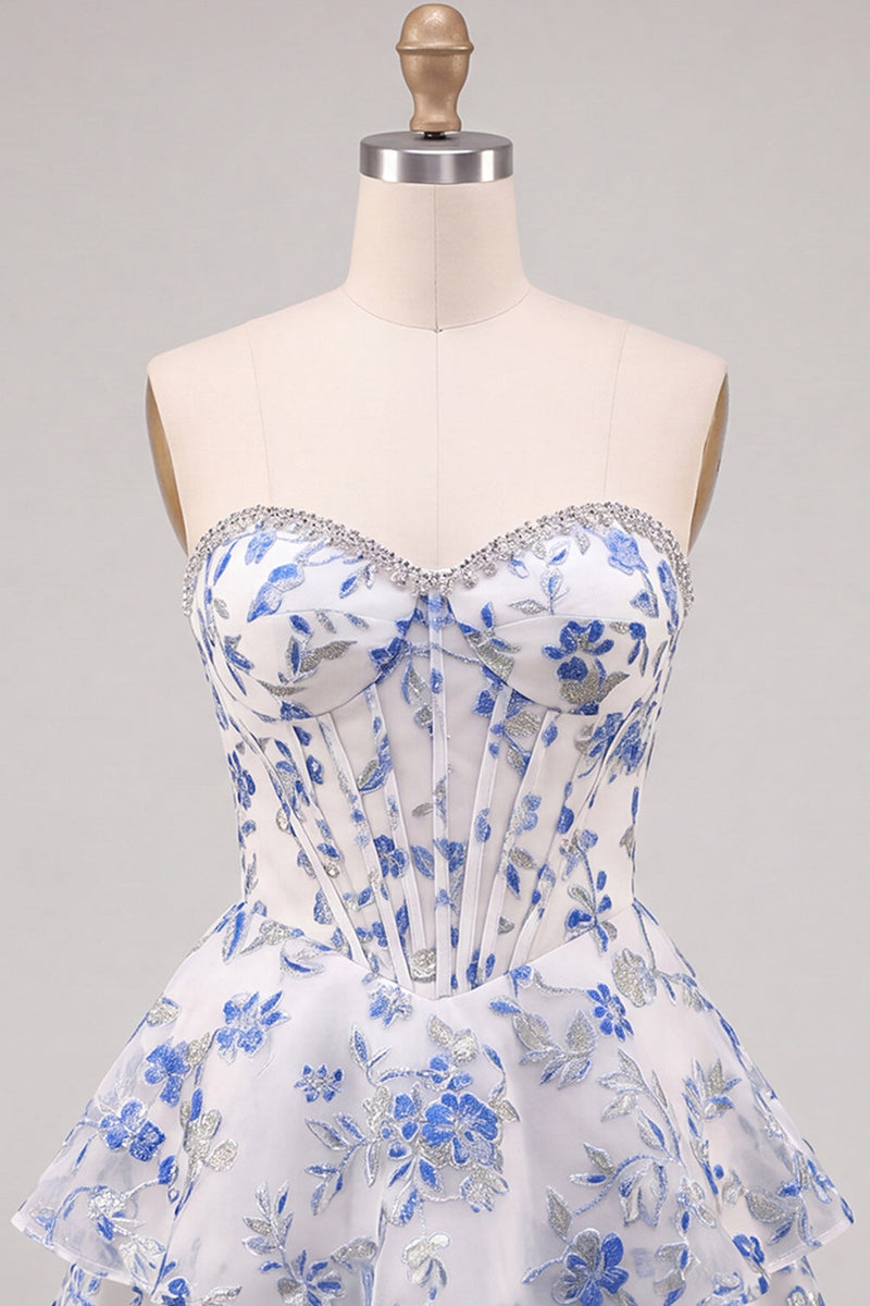 Laden Sie das Bild in den Galerie-Viewer, Blau Blumiges Korsett A-Linie Strass Gestuftes Kurzes Abendkleid mit Rüschen