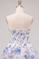 Laden Sie das Bild in den Galerie-Viewer, Blau Blumiges Korsett A-Linie Strass Gestuftes Kurzes Abendkleid mit Rüschen