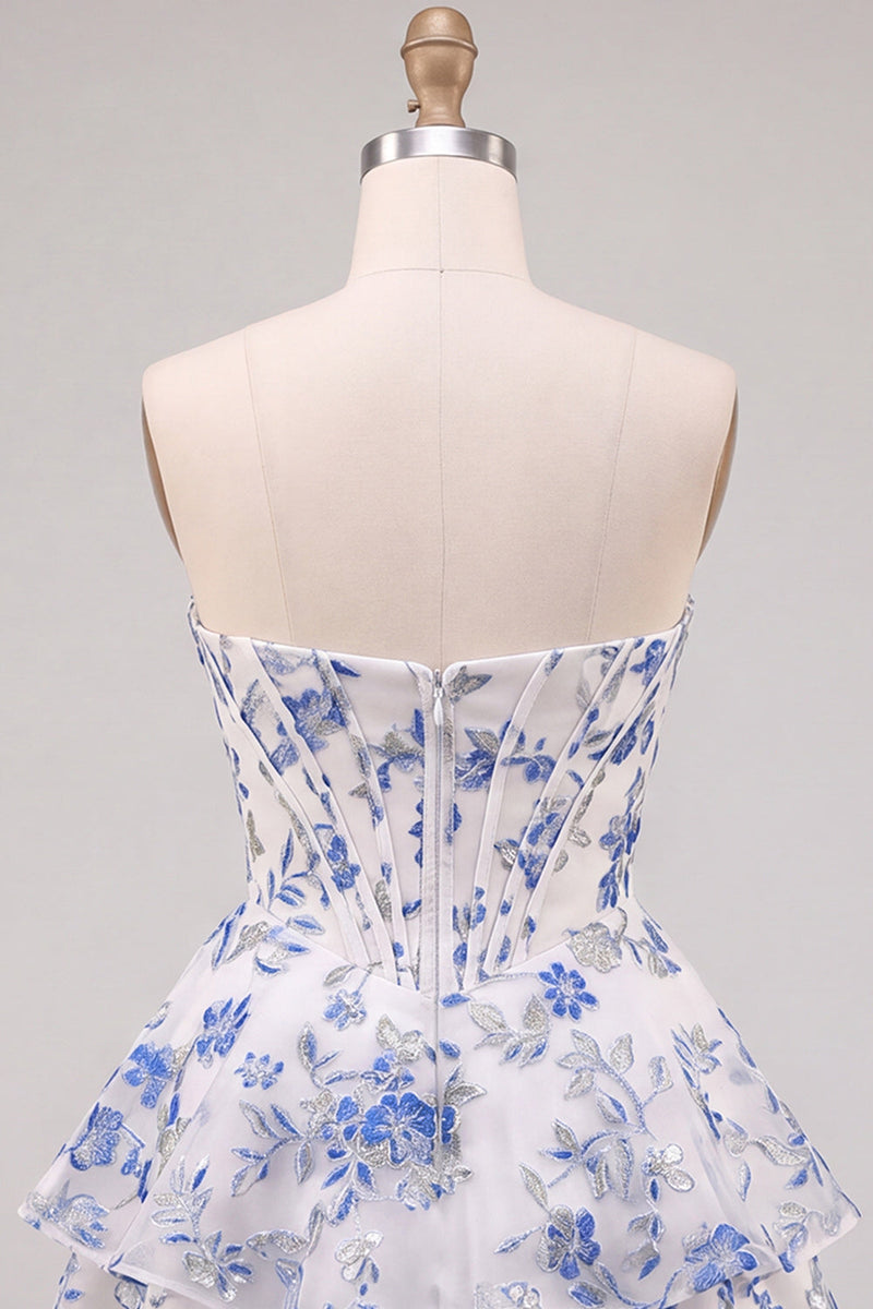 Laden Sie das Bild in den Galerie-Viewer, Blau Blumiges Korsett A-Linie Strass Gestuftes Kurzes Abendkleid mit Rüschen