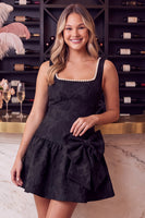 Laden Sie das Bild in den Galerie-Viewer, Schwarzes A-Linie Blumen Jacquard Perlmutt Kurzes Abendkleid mit Schleife