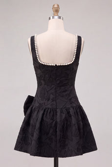 Schwarzes A-Linie Blumen Jacquard Perlmutt Kurzes Abendkleid mit Schleife