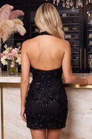 Laden Sie das Bild in den Galerie-Viewer, Himmelblaues Bodycon Halter Blumen Perlen Rückenloses Kurzes Abendkleid