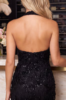 Laden Sie das Bild in den Galerie-Viewer, Himmelblaues Bodycon Halter Blumen Perlen Rückenloses Kurzes Abendkleid