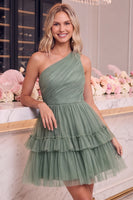 Laden Sie das Bild in den Galerie-Viewer, Ein Schulter Gelb Tüll A-Linie Kurzes Abendkleid mit Rüschen