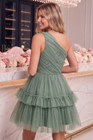 Laden Sie das Bild in den Galerie-Viewer, Ein Schulter Gelb Tüll A-Linie Kurzes Abendkleid mit Rüschen