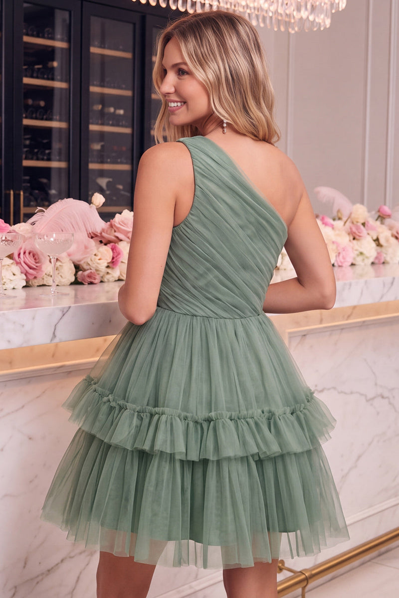 Laden Sie das Bild in den Galerie-Viewer, Ein Schulter Gelb Tüll A-Linie Kurzes Abendkleid mit Rüschen