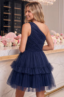 Laden Sie das Bild in den Galerie-Viewer, Ein Schulter Gelb Tüll A-Linie Kurzes Abendkleid mit Rüschen