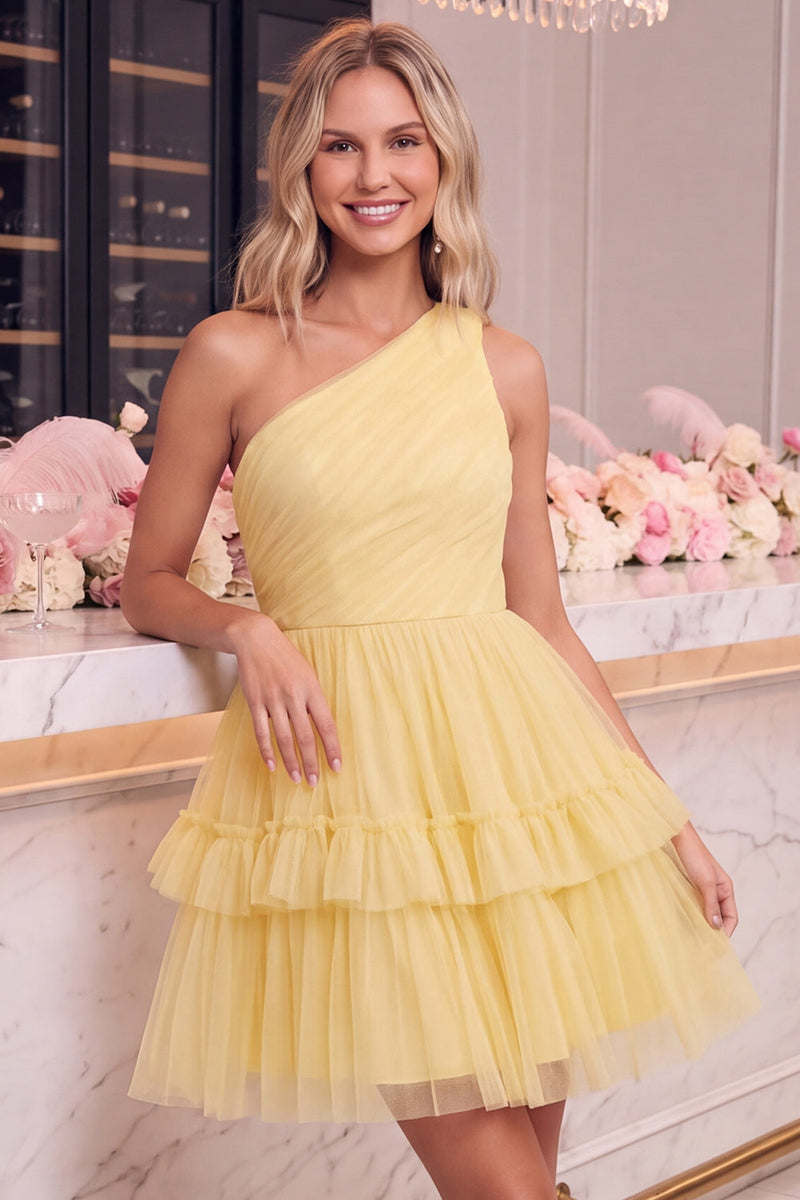 Laden Sie das Bild in den Galerie-Viewer, Ein Schulter Gelb Tüll A-Linie Kurzes Abendkleid mit Rüschen