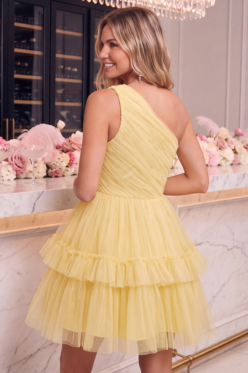 Laden Sie das Bild in den Galerie-Viewer, Ein Schulter Gelb Tüll A-Linie Kurzes Abendkleid mit Rüschen